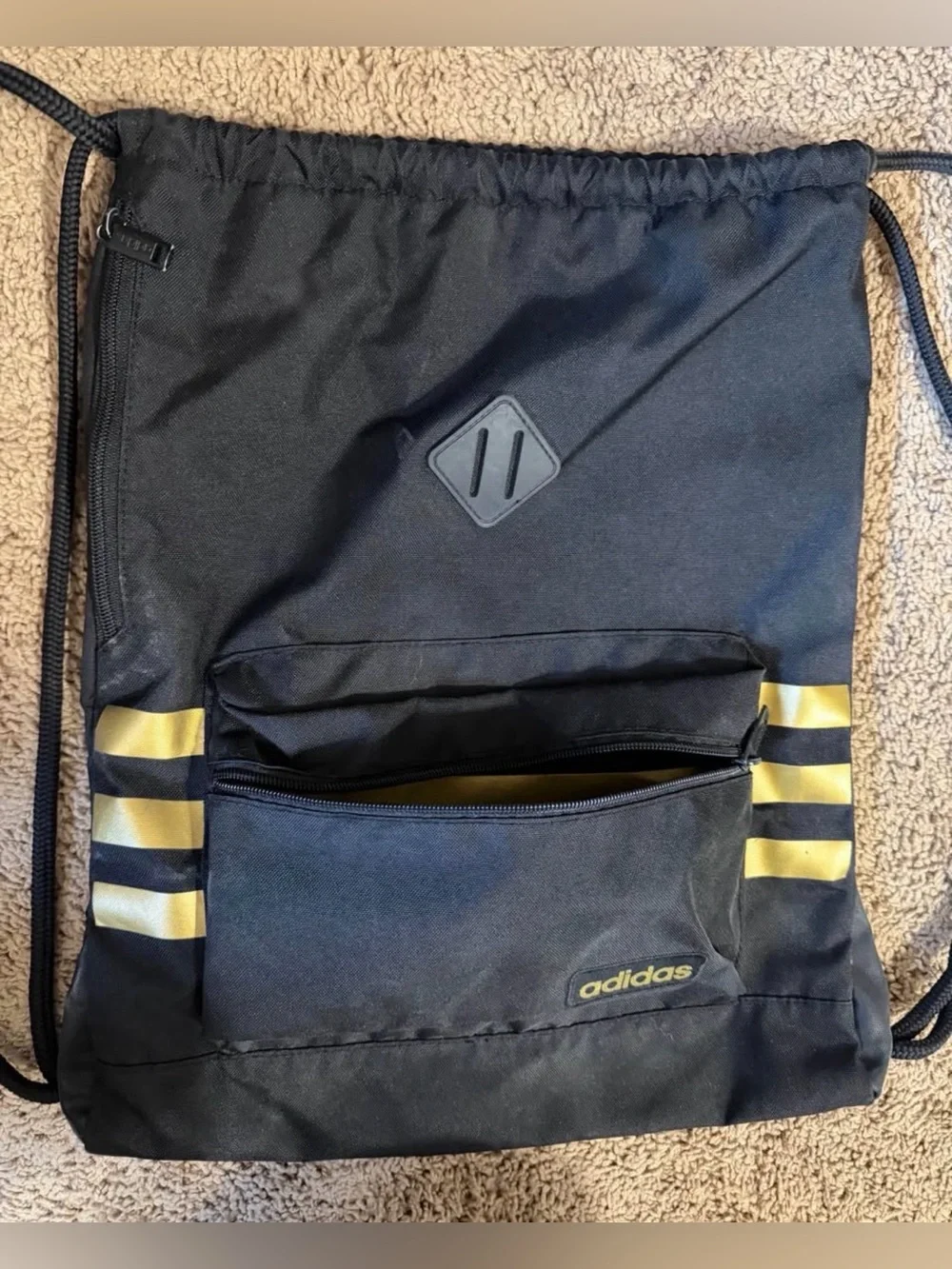 adidas Black Drawstring Sack with Gold Stripe Accents